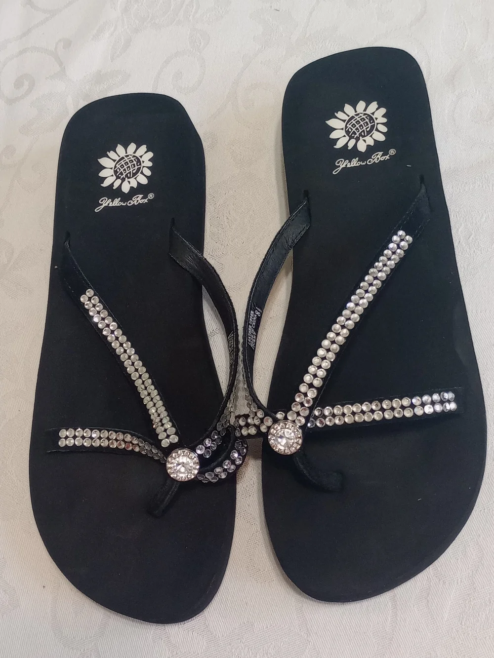 Yellow Box Black Rhinestone Embellished Flip Flop Sandals - Picture 1 of 6